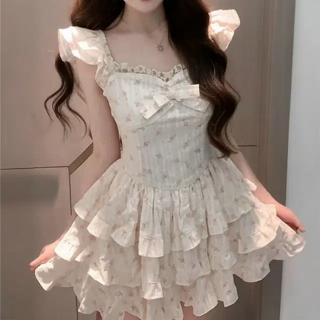 花蔓色 法式甜美碎花夏季小个子收腰蓬蓬裙韩版纯欲风设计感满满无袖连衣裙 女款