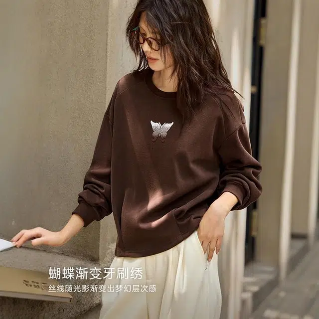 佐塞斯 高端品质轻奢美拉德渐变蝴蝶刺绣秋冬宽松休闲风百搭上衣卫衣 女款