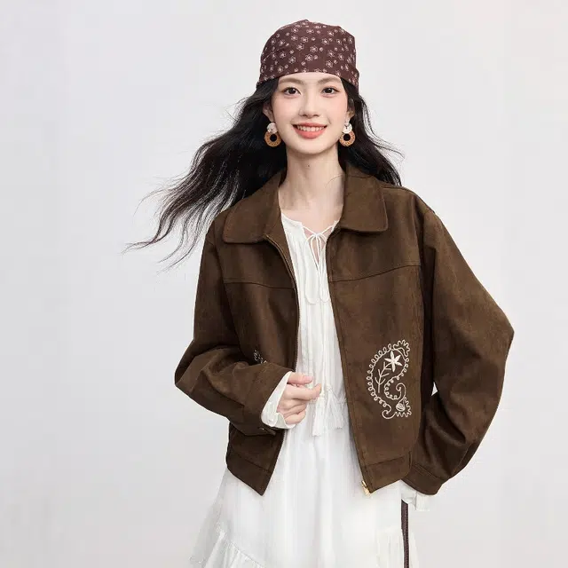 佐塞斯 高端品质轻奢复古咖色花苞短外套秋冬季美式松弛感小个子仿麂皮绒刺绣夹克 女款