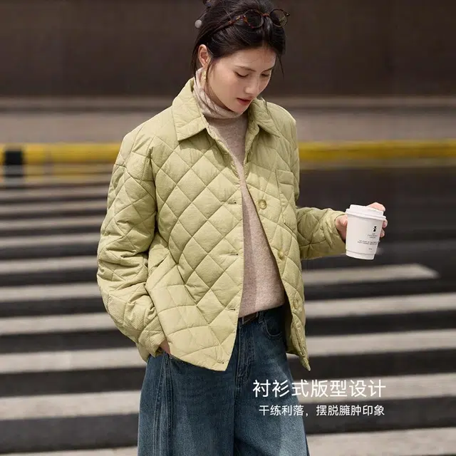 佐塞斯 高端品质轻奢优雅衬衫式菱格棉衣秋冬季轻薄保暖显瘦不臃肿外套棉服 女款