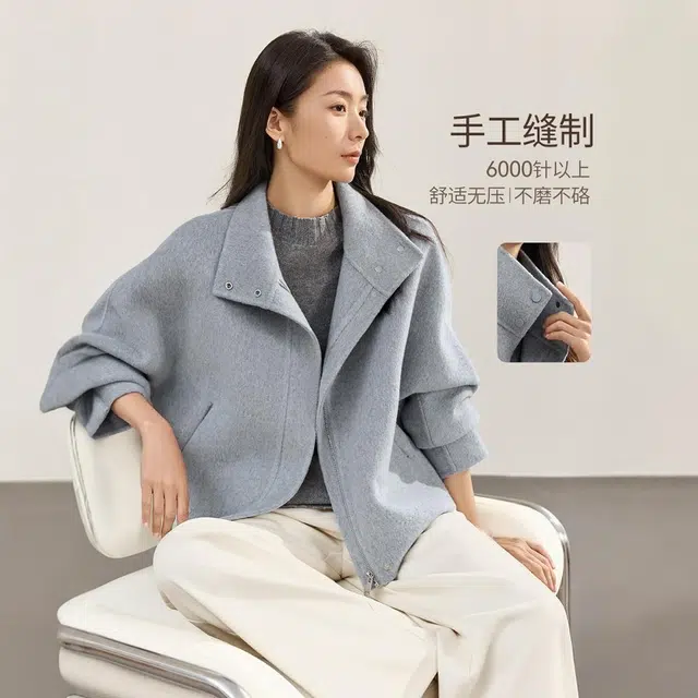 佐塞斯 高端品质轻奢双排扣手工长毛羊毛短冬季翻领呢外套大衣 女款