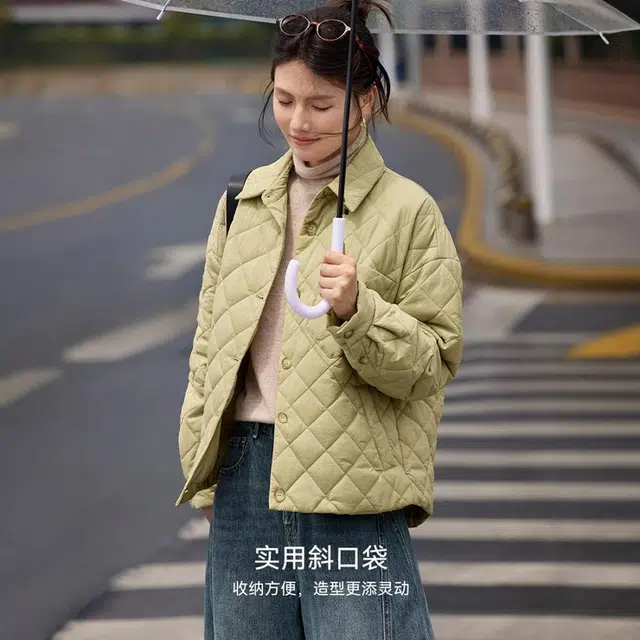 佐塞斯 高端品质轻奢优雅衬衫式菱格棉衣秋冬季轻薄保暖显瘦不臃肿外套棉服 女款