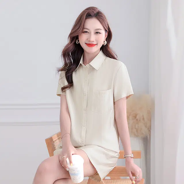 新世家族 时尚简约舒适纯色翻领短袖衬衫垂坠短裤休闲套装 女款