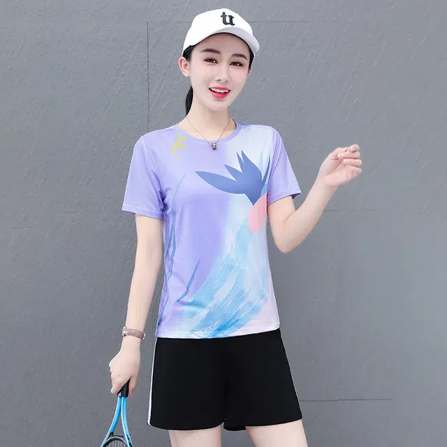 新世家族 冰感吸湿排汗速干透气舒适拼色印花圆领冰丝短袖短裤两件套运动休闲户外骑行跑步训练球衣瑜伽健身套装 女款