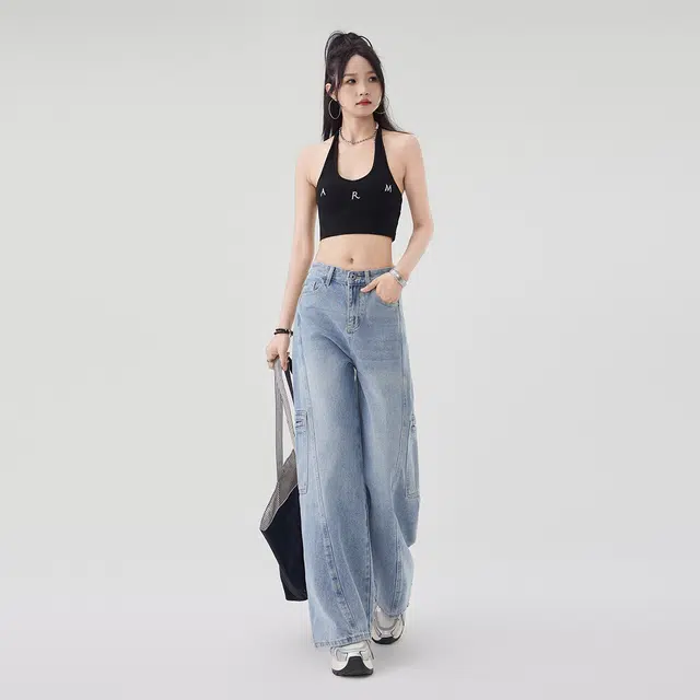 艾格 小个子高腰宽松显瘦直筒拖地裤多口袋美式阔腿工装牛仔裤 女款