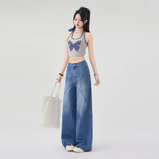艾格 宽松直筒阔腿裤复古长裤拖地裤子设计感拼接刺绣牛仔裤 女款