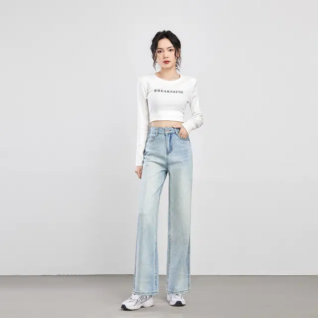 艾格 小个子高腰显瘦直筒裤子百搭垂感拖地裤浅色窄版阔腿牛仔裤 女款