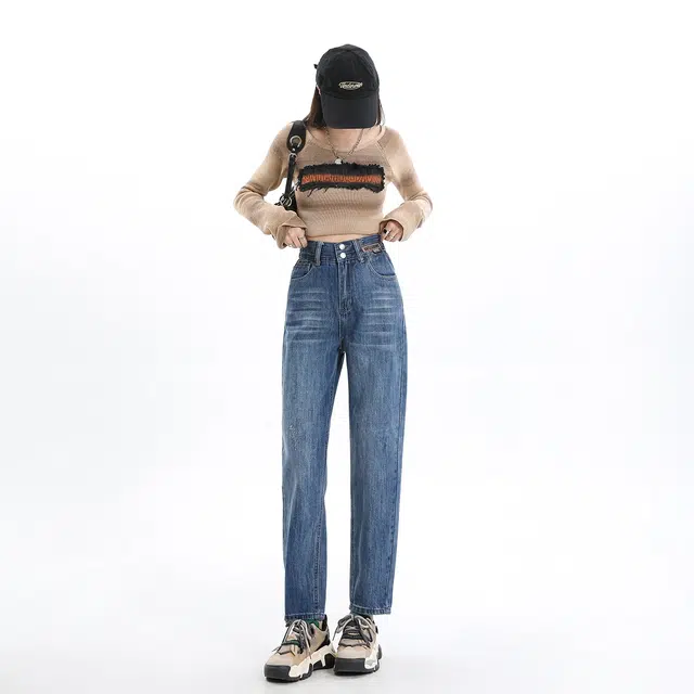 艾格 经典复古蓝高腰哈伦裤美式潮牌休闲裤显瘦宽松牛仔裤 女款