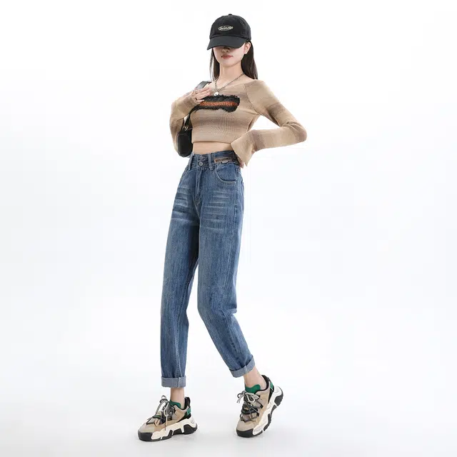 艾格 经典复古蓝高腰哈伦裤美式潮牌休闲裤显瘦宽松牛仔裤 女款