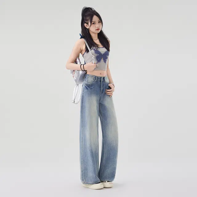 艾格 高腰宽松垂感直筒拖地裤子百搭休闲美式复古阔腿牛仔裤 女款