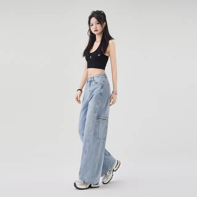 艾格 小个子高腰宽松显瘦直筒拖地裤多口袋美式阔腿工装牛仔裤 女款