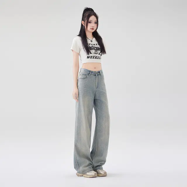艾格 浅色高腰显瘦宽松垂感复古辣妹阔腿裤小个子百搭牛仔裤 女款
