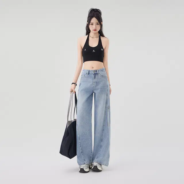 艾格 小个子高腰宽松显瘦直筒拖地裤多口袋美式阔腿工装牛仔裤 女款