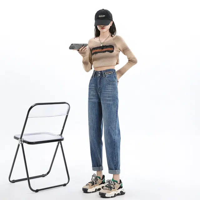 艾格 经典复古蓝高腰哈伦裤美式潮牌休闲裤显瘦宽松牛仔裤 女款