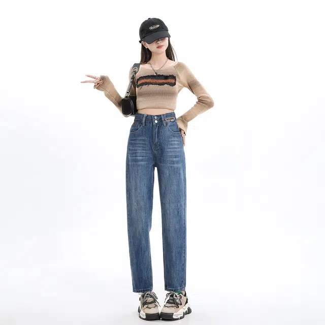 艾格 经典复古蓝高腰哈伦裤美式潮牌休闲裤显瘦宽松牛仔裤 女款