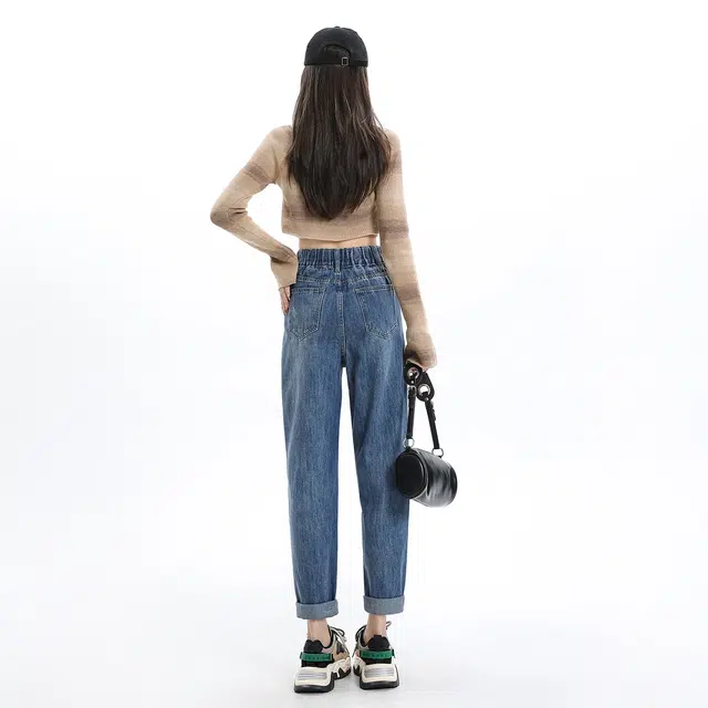 艾格 经典复古蓝高腰哈伦裤美式潮牌休闲裤显瘦宽松牛仔裤 女款