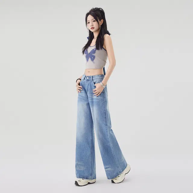 艾格 美式复古水洗折痕做旧直筒辣妹老爹拖地裤子高腰宽松薄款阔腿牛仔裤 女款