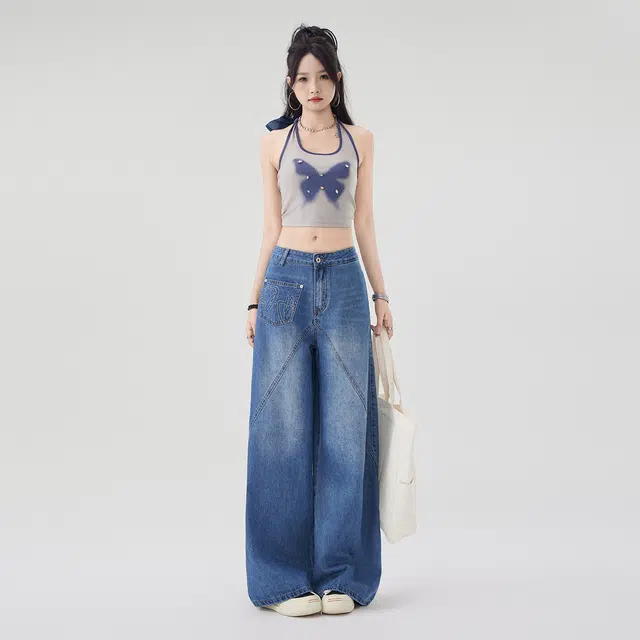 艾格 宽松直筒阔腿裤复古长裤拖地裤子设计感拼接刺绣牛仔裤 女款