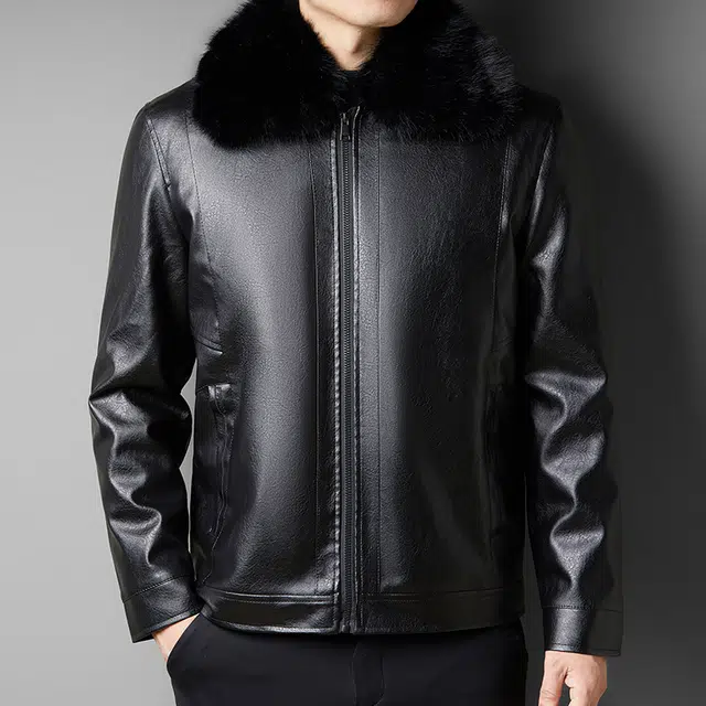 卡丹狄诺 翻领毛领中年皮夹克男驼绒填充石墨烯蓄温棉服皮衣外套 男款