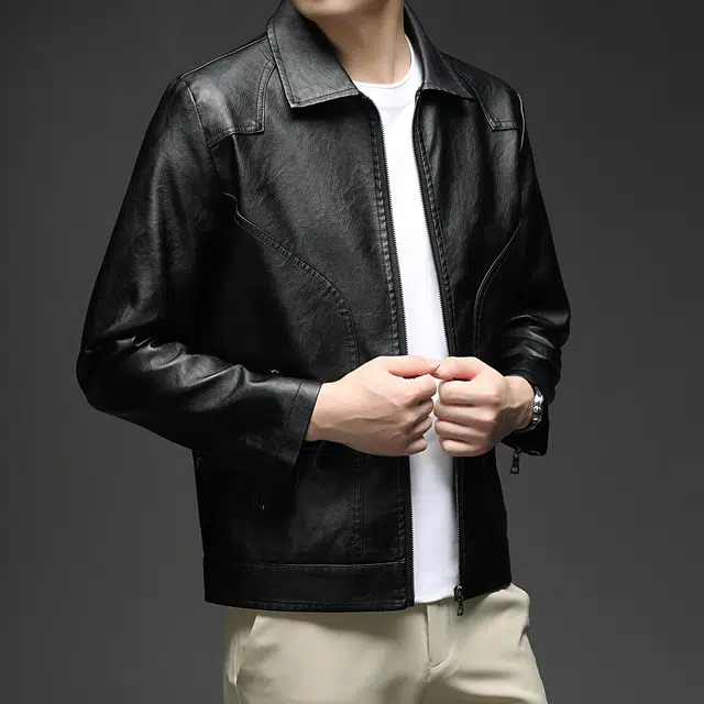 卡丹狄诺 美式复古机车风纯色防风翻领简约时尚潮流百搭休闲皮衣夹克外套 男款