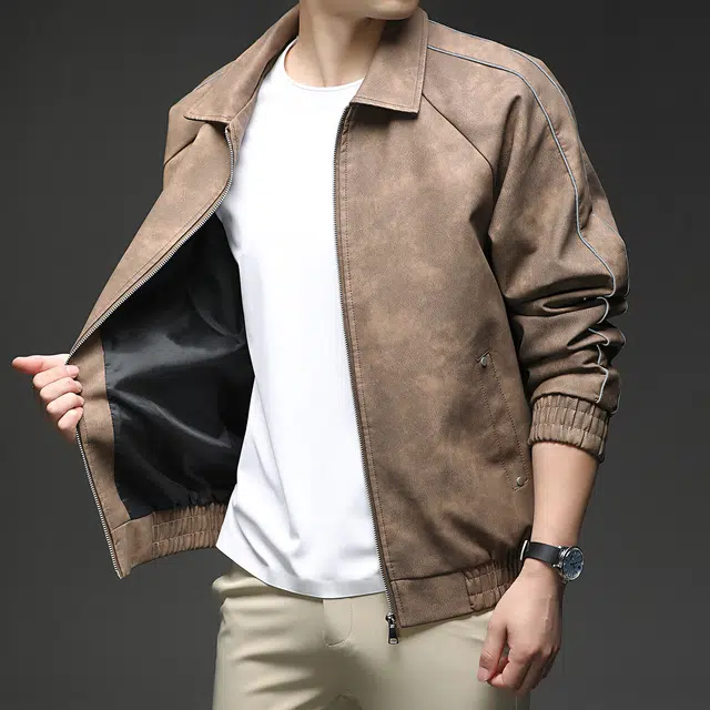 卡丹狄诺 美式复古高街机车风做旧美拉德色系高级感简约百搭户外宽松休闲赛车服皮衣夹克外套 男款