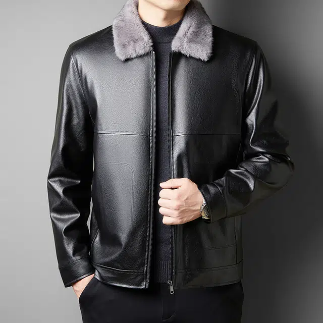 卡丹狄诺 翻领毛领中年皮夹克男驼绒填充黑金石墨烯蓄温棉服外套皮衣 男款