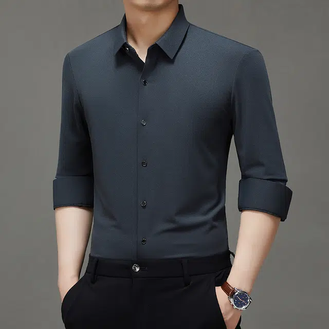 卡丹狄诺 含绵羊毛无痕纯色垂顺舒适爸爸装衬衣轻商务休闲秋冬季长袖衬衫 男款