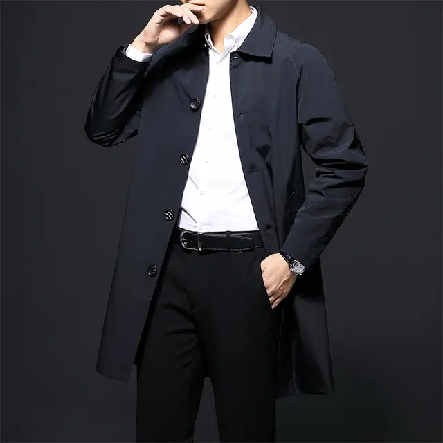 卡丹狄诺 中长款男士秋季夹克外套男极简风时尚户外休闲纯色翻领纽扣风衣 男款