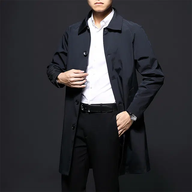 卡丹狄诺 中长款男士秋季夹克外套男极简风时尚户外休闲纯色翻领纽扣风衣 男款