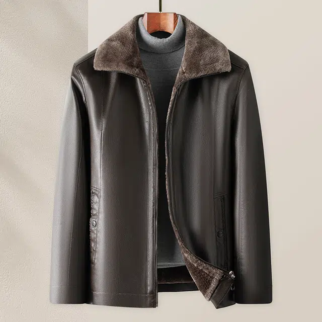 卡丹狄诺 皮毛一体男士加绒加厚秋冬翻领保暖防风中年爸爸装户外休闲轻商务外套男皮夹克大衣男皮衣 男款