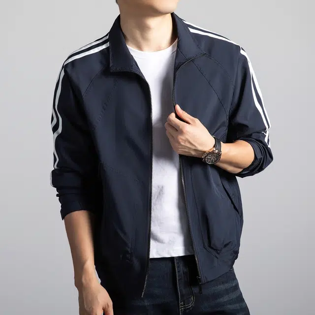 卡丹狄诺 防风抗皱男士春秋季立领轻奢品质舒适透气拼接条纹运动户外休闲冲锋衣外套男夹克 男款