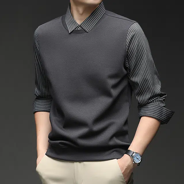 卡丹狄诺 长绒棉秋季衬衫领假两件打底衫男休闲百搭舒适透气卫衣男轻奢秋冬季长袖圆领针织衫 男款