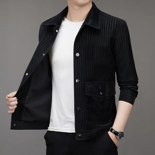 卡丹狄诺 潮流时尚痞帅年轻款条纹翻领皮夹克外套男单排扣铆钉挺括有型轻奢高级感皮衣 男款