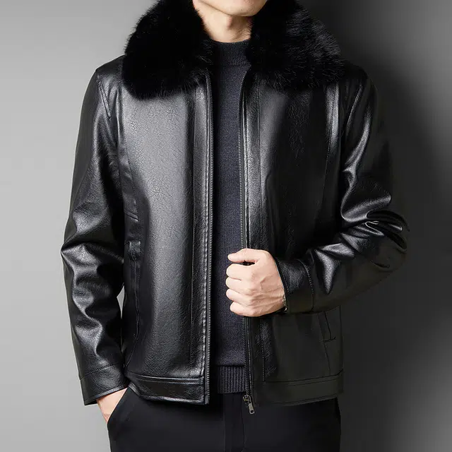 卡丹狄诺 翻领毛领中年皮夹克男驼绒填充石墨烯蓄温棉服皮衣外套 男款