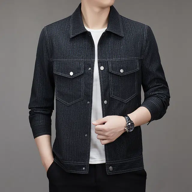 卡丹狄诺 潮流时尚痞帅年轻款翻领皮夹克外套男单排扣铆钉挺括有型轻奢高级感条纹休闲皮衣 男款