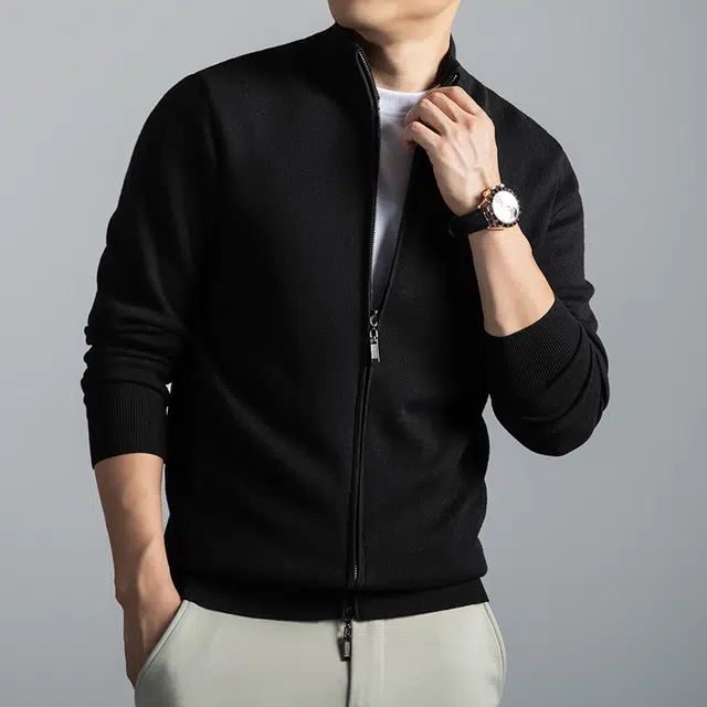 卡丹狄诺 含绵羊毛桑蚕丝男士秋冬季加厚开衫外套男轻奢品质舒适半高领拉链夹克男针织衫 男女同款