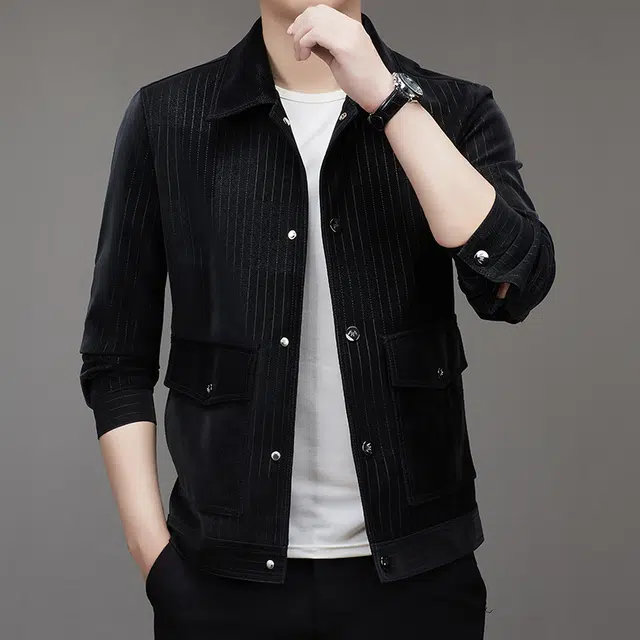 卡丹狄诺 潮流时尚痞帅年轻款条纹翻领皮夹克外套男单排扣铆钉挺括有型轻奢高级感皮衣 男款