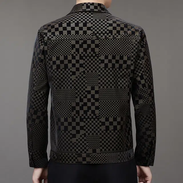 卡丹狄诺 潮流时尚痞帅年轻款棋盘格翻领皮夹克外套男单排扣铆钉挺括有型轻奢高级感皮衣 男款