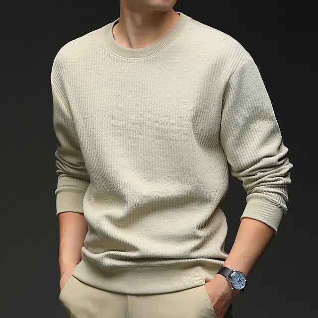 卡丹狄诺 长绒棉宽松休闲秋冬季坑条设计长袖男轻奢品质户外潮流百搭纯色上衣打底衫男圆领卫衣 男女同款