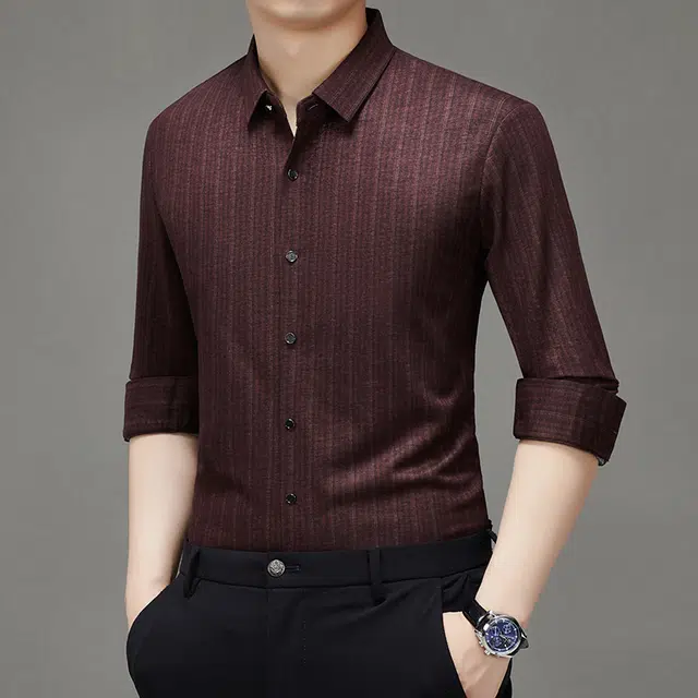 卡丹狄诺 含绵羊毛桑蚕丝舒适纯色垂顺爸爸装条纹衬衣轻商务休闲秋冬季长袖衬衫 男款