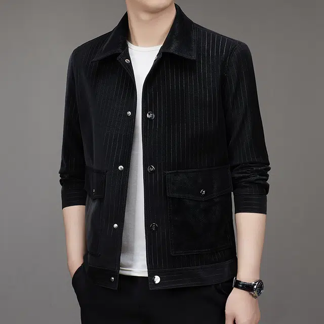 卡丹狄诺 潮流时尚痞帅年轻款条纹翻领皮夹克外套男单排扣铆钉挺括有型轻奢高级感皮衣 男款