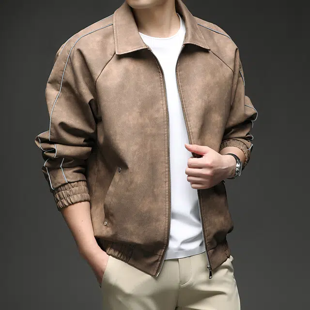 卡丹狄诺 美式复古高街机车风做旧美拉德色系高级感简约百搭户外宽松休闲赛车服皮衣夹克外套 男款