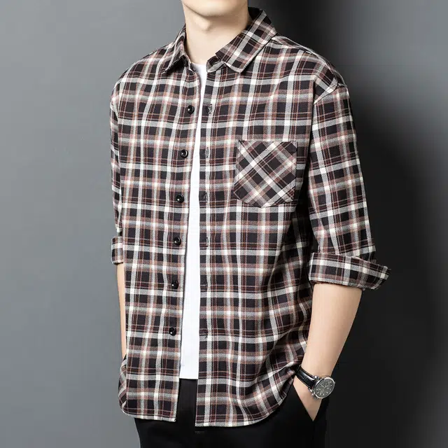 卡丹狄诺 复古磨毛格子男士春秋季宽松外穿长袖衬衣衬衫 男款