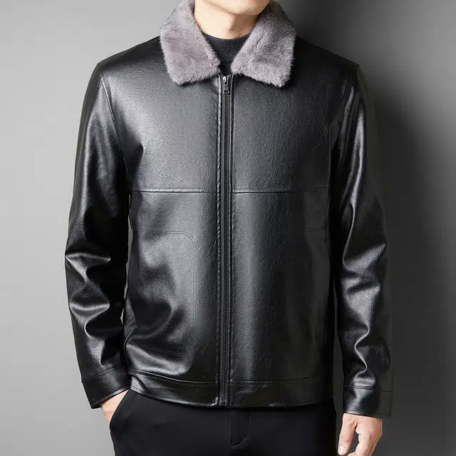 卡丹狄诺 翻领毛领中年皮夹克男驼绒填充黑金石墨烯蓄温棉服外套皮衣 男款