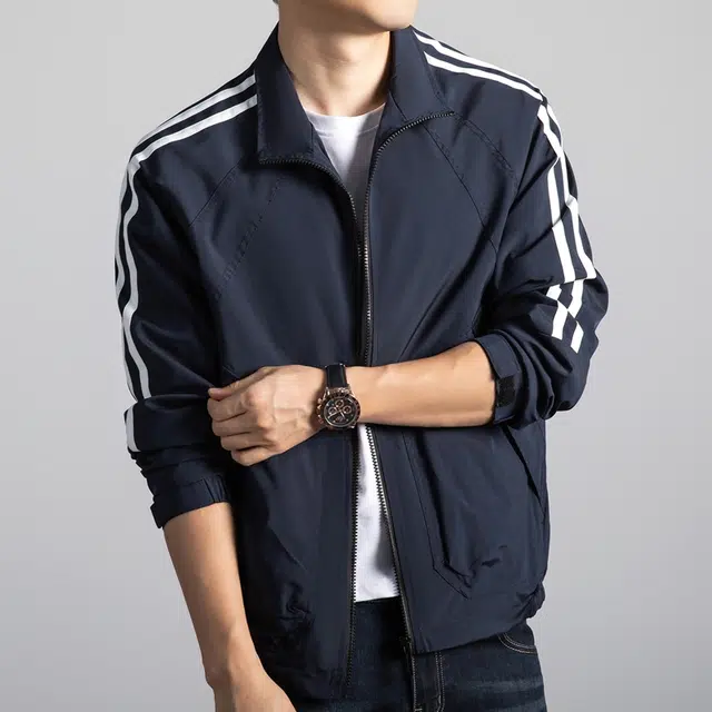 卡丹狄诺 防风抗皱男士春秋季立领轻奢品质舒适透气拼接条纹运动户外休闲冲锋衣外套男夹克 男款