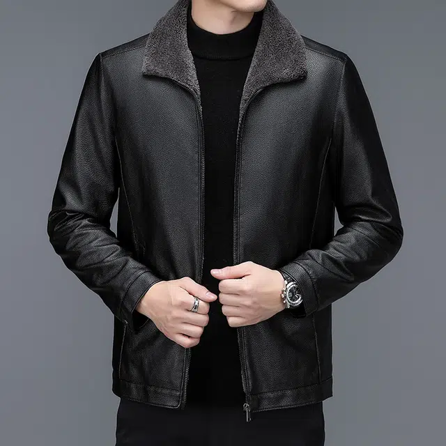 卡丹狄诺 加绒加厚翻领中年皮夹克男冬季保暖舒适商务休闲外套男皮衣 男款