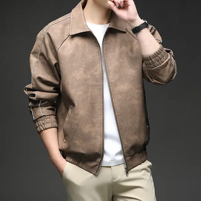 卡丹狄诺 美式复古高街机车风做旧美拉德色系高级感简约百搭户外宽松休闲赛车服皮衣夹克外套 男款