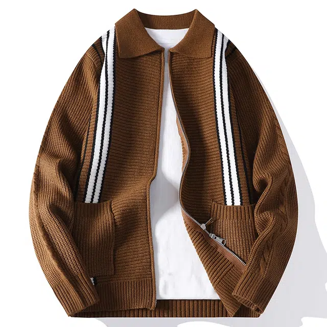 卡丹狄诺 美式复古秋冬季翻领休闲百搭运动拉链开衫男基础款老钱风加厚保暖高级感简约舒适绒感针织衫外套 男女同款