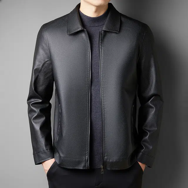 卡丹狄诺 男士荔枝纹翻领皮夹克男秋冬季经典时尚外套男休闲中年行政商务防风保暖皮衣 男款