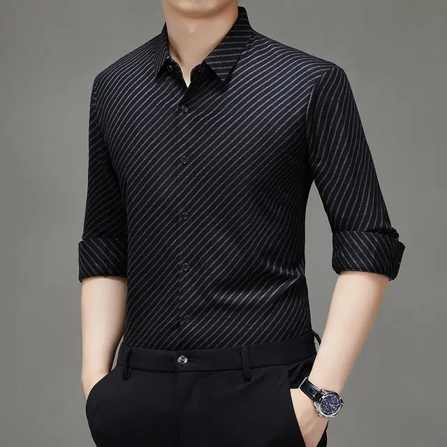 卡丹狄诺 含绵羊毛桑蚕丝舒适纯色垂顺爸爸装斜条纹衬衣轻商务休闲秋冬季长袖衬衫 男款